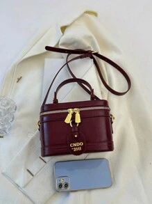 优雅纯色PU皮革便携方包，迷你PU包，防水酒红色布袋，字母图案装饰设计盒包，适合旅行、购物、聚会、通勤，时尚酒红色包包，红色包包