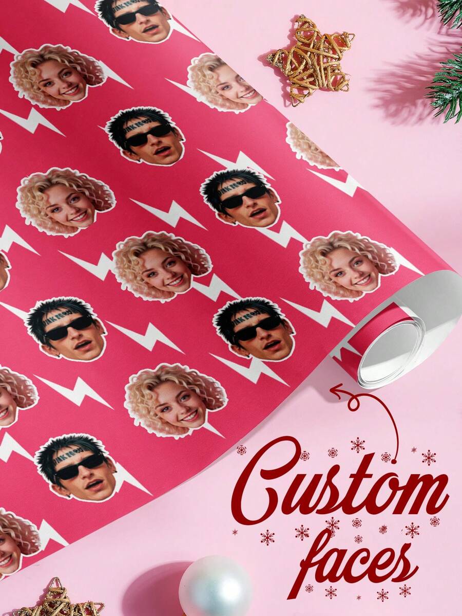 1pc Customized Face Pattern Gift Wrapping Paper, Personalized Face Design Gift Wrap, Pink Gift Packaging Paper, Inspired By Mars And Rose's New Song "Apateu", APT Wrapping Paper For Friends, Suitable For Christmas, Parties, Celebrations, An Ideal Gift For Him, Also Applicable For Tea Room, Home, Garden, Office, Anniversary, Valentine's Day, Mother's Day, Birthday, Father's Day, Graduation, Wedding, Housewarming - Customized Two Faces + White Lightning - View 1