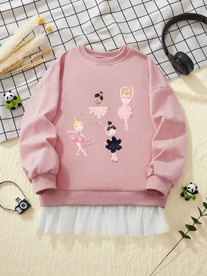少女休閒長袖網紗拼接運動衫，卡通印花秋冬時尚