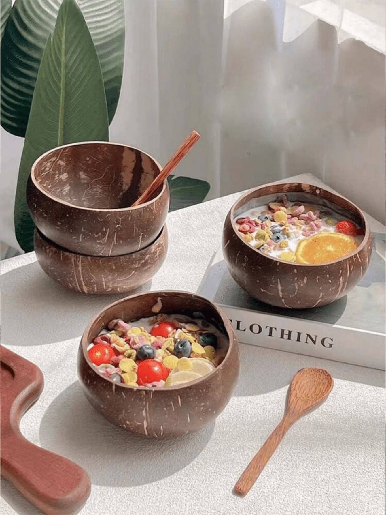 天然材料椰子碗，用于盛放酸奶、燕麦、沙拉和甜点，家用餐具，天然木碗配勺子，厨房，圣诞节 - 彩色 - 查看 1