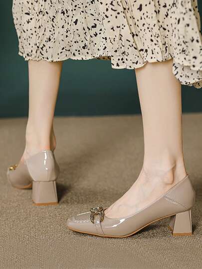 Women's Fashion Square Toe Thick Heel Slip-On Casual High Heels, Burgundy/Apricot Color, Autumn, Metal Decor