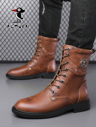  Plover Men's Cargo Boots With Laces And Metal Decor, Anti-Slip Outsole, For Outdoor