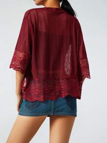 Womens Open Front Shrug, Short Sleeve Solid Color Lace Patchwork Sheer Bolero Cover Up - Burgundy - View 6