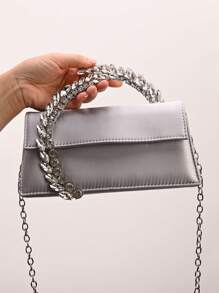 Túi đeo vai bằng vải satin thanh lịch, Túi xách thời trang nữ đính đá 3D, Túi dạ hội pha lê siêu sáng bất đối xứng, Dây xích có thể tháo rời, Khóa kéo, Màu bạc, Lớp lót bằng polyester, Không in, Không giặt được, Thích hợp cho trang phục hàng ngày hoặc tiệc tối - Bạc - Xem 4