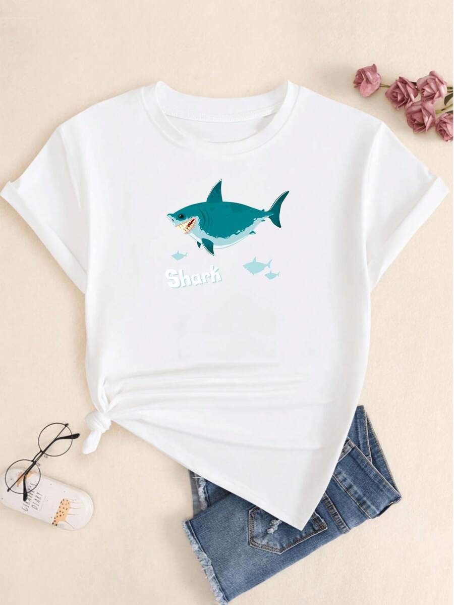 Women's Shark Print T-Shirt Streetwear Babylook Comfort Cotton Candy Sexy Sophisticated Versatile Hot Girl Tight Elegant Comfortable - trắng - Xem 1