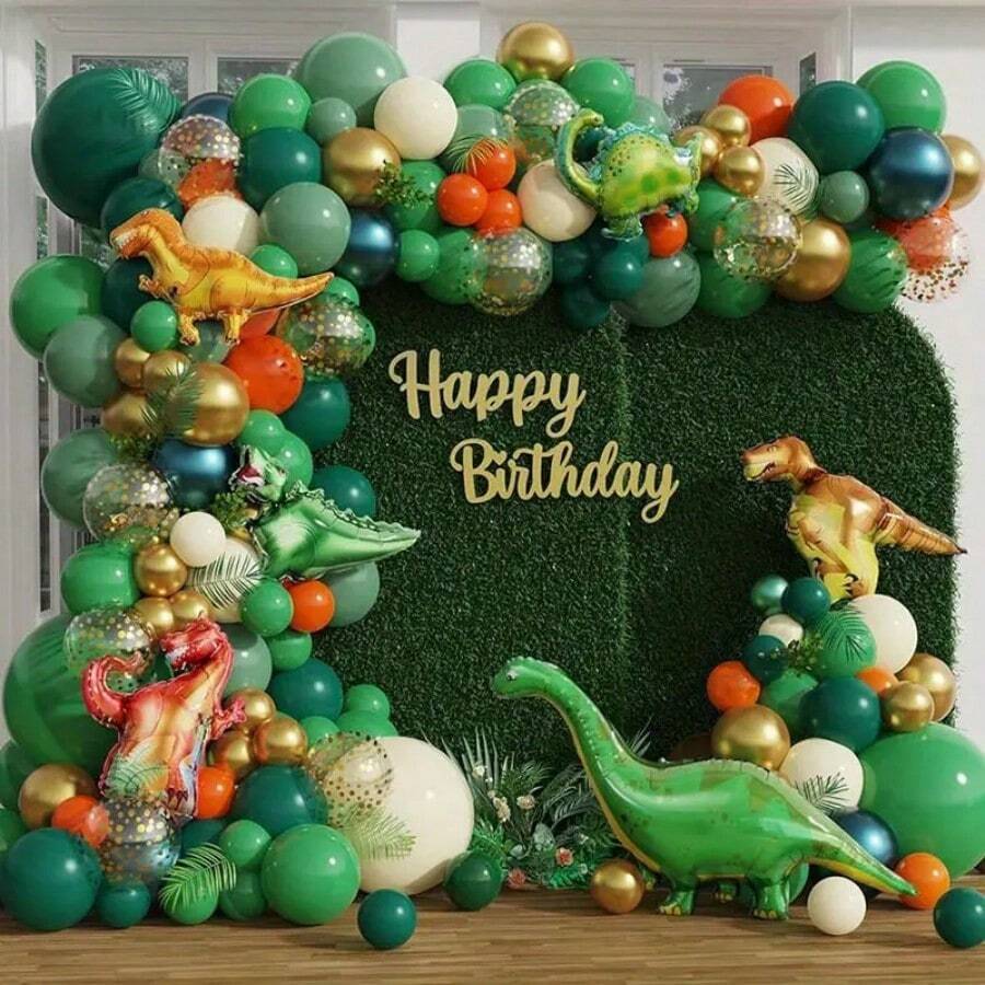 134 piezas Kit de arco de guirnalda de globos con dinosaurios y animales de la selva, decoraciones para fiestas con temática de bosque, decoraciones para fiestas de cumpleaños, decoraciones para festivales, decoración del hogar, telón de fondo para baby shower, decoración de ambiente, adornos para interiores y exteriores - Multicolor - Ver 1