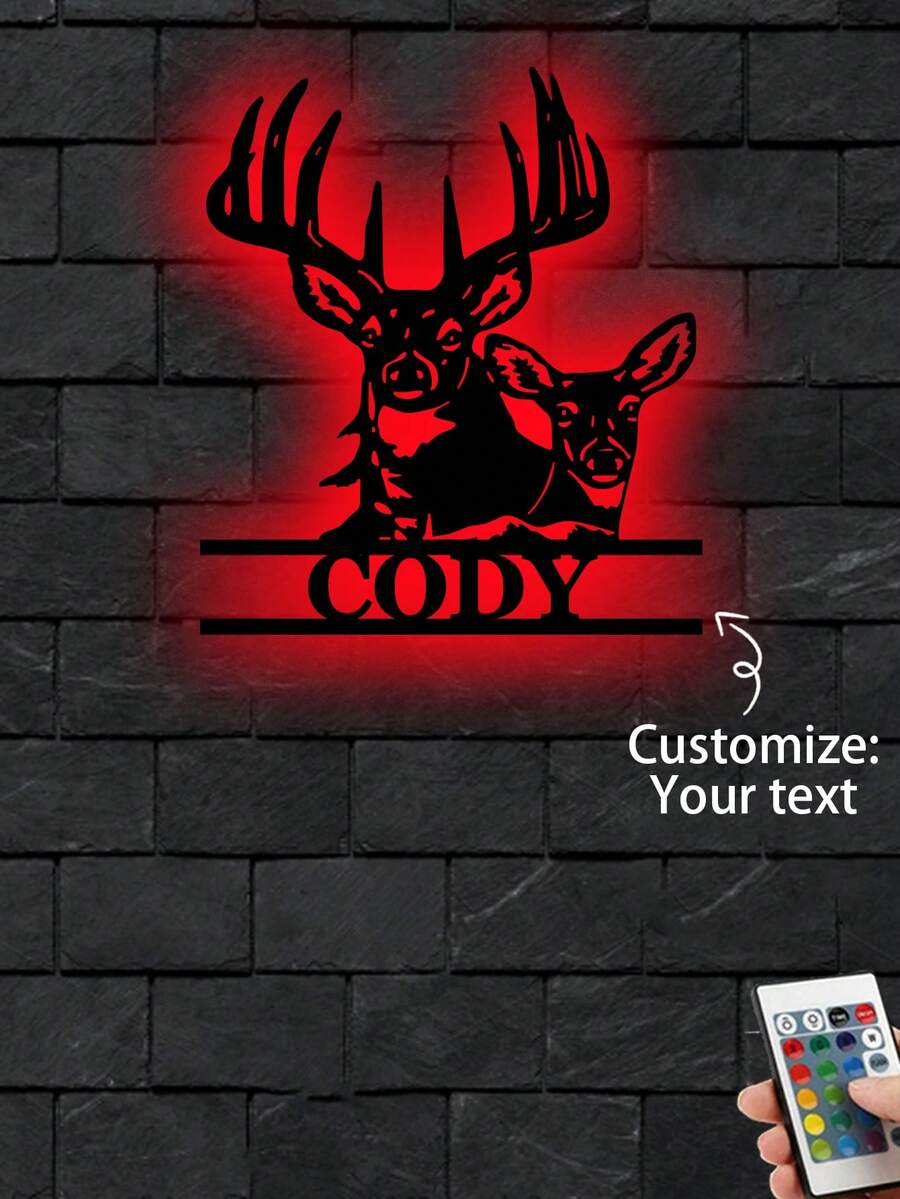 1 件定制个性化英文姓名线空心双鹿标志，圣诞鹿家居装饰金属铁挂饰适用于室内客厅卧室墙壁工艺吊坠，圣诞快乐个性化金属标志，圣诞装饰标志，定制圣诞姓氏，圣诞礼物，前门装饰，室内装饰