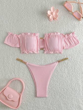 全新纯色时尚空心链比基尼搭配可爱荷叶边抹胸，性感女士泳装套装，夏季沙滩装