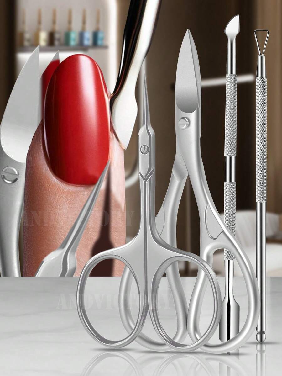 3 件套指甲工具不锈钢角质层钳勺角质层推刀死皮去除器剪刀修剪器刀剪 - 銀色 - 查看 1