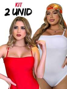 KIT With 2 Zaraa Women's Suplex Straight Sleeveless Bodysuit Double Bust Lining Strappy Tank Top Women's Foreign Fashion Summer Basic Plain Casual Work Party - Trắng/Đỏ - Xem 1