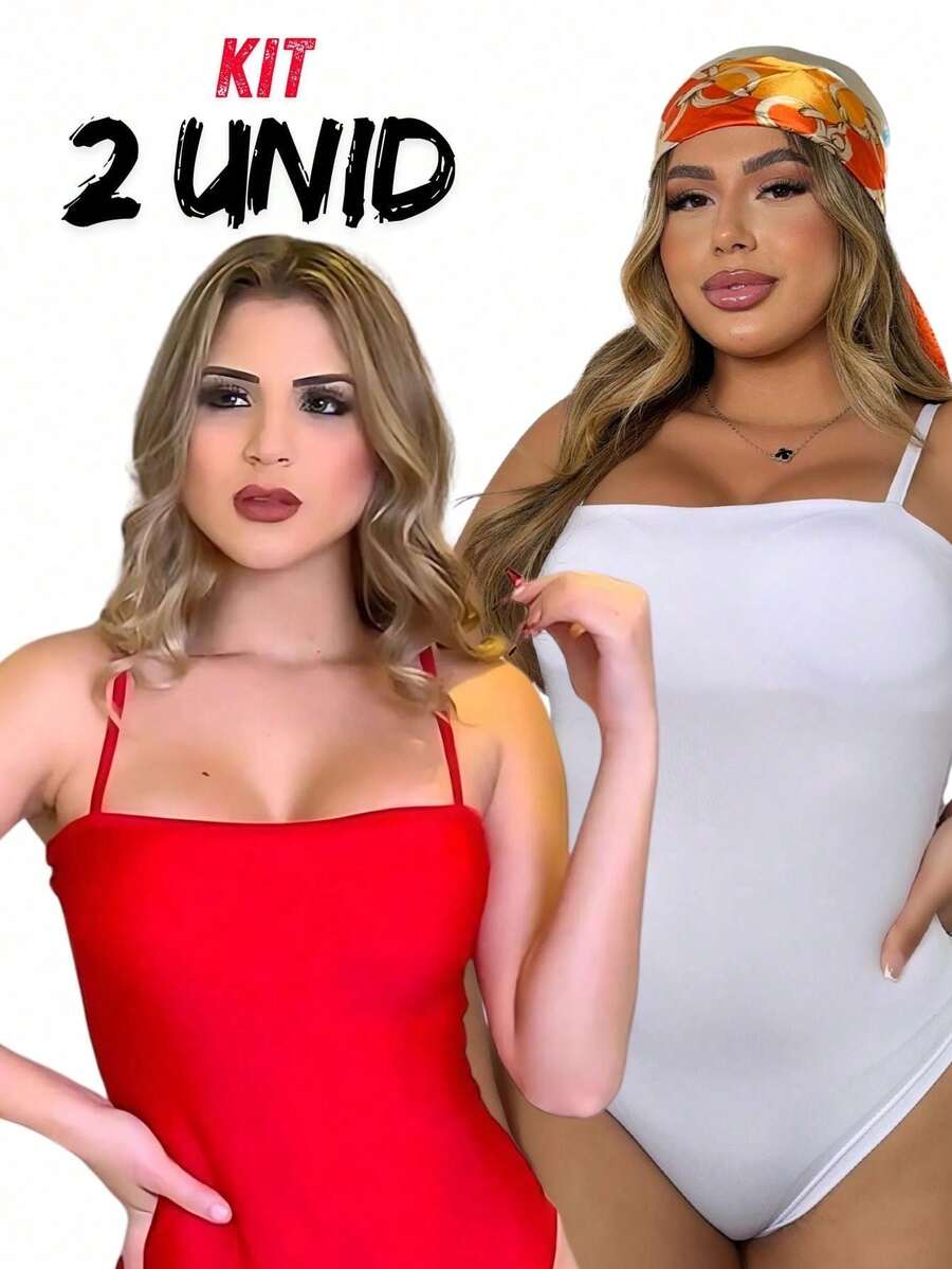 KIT With 2 Zaraa Women's Suplex Straight Sleeveless Bodysuit Double Bust Lining Strappy Tank Top Women's Foreign Fashion Summer Basic Plain Casual Work Party - Trắng/Đỏ - Xem 1