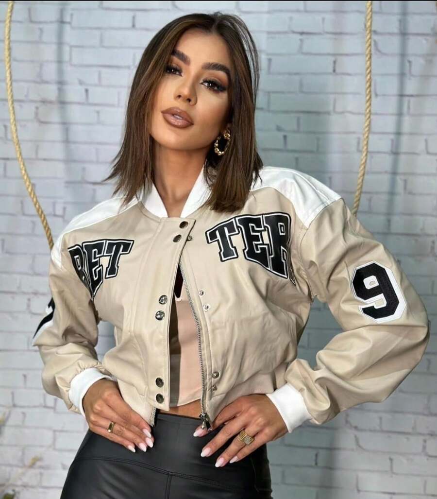 Casual Colorful Graphic Leather Jacket - Beige - View 1