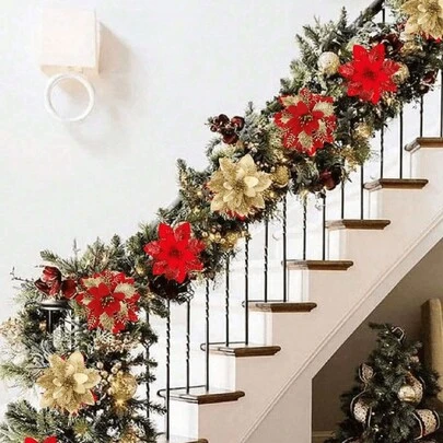 36 件人造一品红闪光花装饰套装、红金假花装饰、带夹子和花枝的人造花树装饰、花环装饰、窗户壁炉装饰、DIY 花环、派对装饰用节日配件、树装饰、人造树吊坠装饰、新年婚礼派对装饰、返校情人节