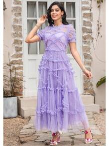 Summer New High Quality Women's Solid Color Frill Mesh Embroidered Dress Round Neck Short Sleeve Polka Dot Frill Hem Dresses,Party Dress,Gown,Formal,Evening,Wedding Guest - Mauve Purple - View 4