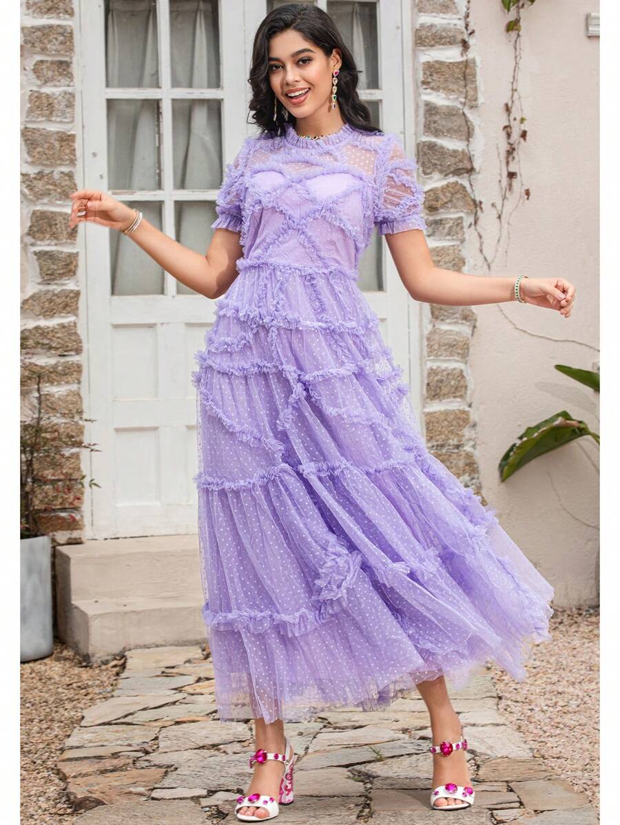 Summer New High Quality Women's Solid Color Frill Mesh Embroidered Dress Round Neck Short Sleeve Polka Dot Frill Hem Dresses,Party Dress,Gown,Formal,Evening,Wedding Guest - Mauve Purple - View 1