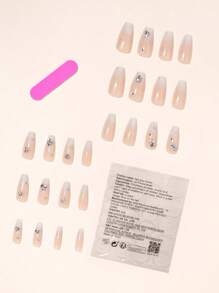 24pcs Coffin Shaped Ombre Pearly White Nail Art With Glitter & Rhinestones, Includes 1pc Nail File Press On Nails