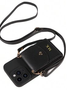 1pc Customized Leather Card Holder With Detachable Strap & Phone Case, Personalized Letter Name, Solid Color Retro Premium Couple Phone Case, Portable Crossbody Phone Wallet Card Holder,Season Picks,Cell Phones & Accessories,Customized Phone Cases,Cute Phone Cases, Personalized Wallet - Brown - View 5