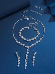 Korean Style Tassel Fashion Model Accessory Shiny Rhinestone Silver Necklace Bracelet Set
