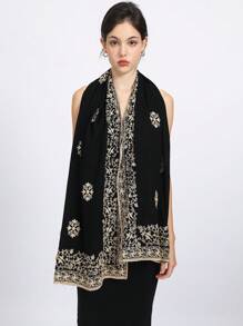 1buc eșarfă neagră brodată cu margine din dantelă elegantă, simplă și grațioasă, învelitoare cu guler șal, eșarfă versatilă potrivită pentru cadou de sărbători, batic de lux