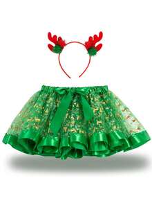 圣诞仙女服装 - 手工制作的蓬巴杜连衣裙，配有驯鹿角头带和雪花装饰 - 涤纶编织休闲仙女服装，适合节日庆祝舞会万圣节 - 聖誕套裝 - 查看 4
