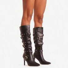 Ego Zev Buckle Studded Strap Detail Pointed Toe Stiletto Heel Knee High Long Boot In Black Faux Leather - Black - View 1