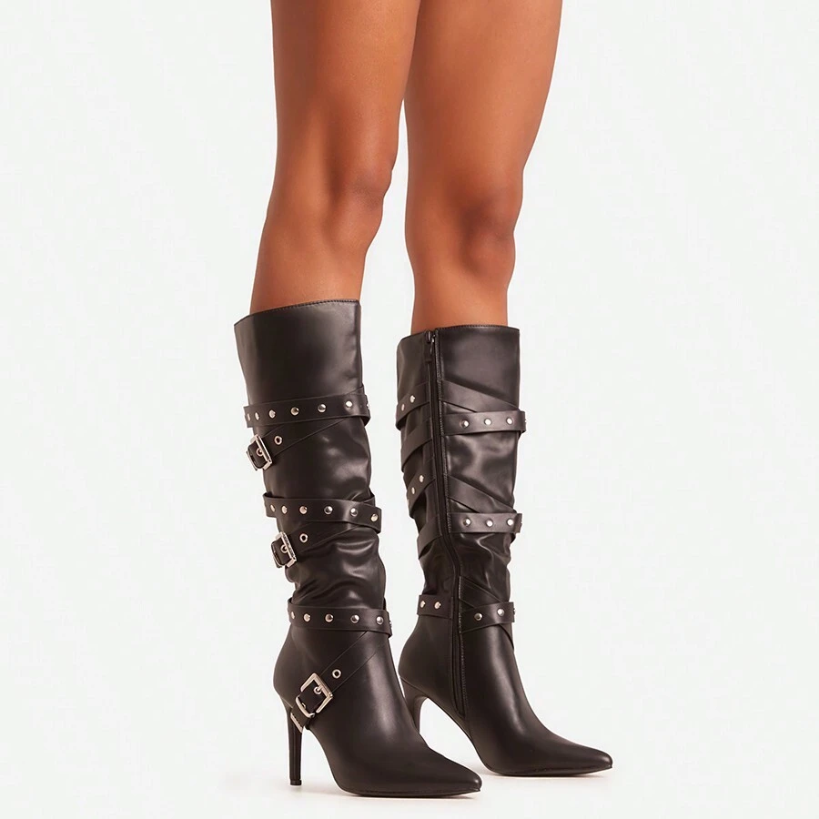 Ego Zev Buckle Studded Strap Detail Pointed Toe Stiletto Heel Knee High Long Boot In Black Faux Leather - Black - View 1