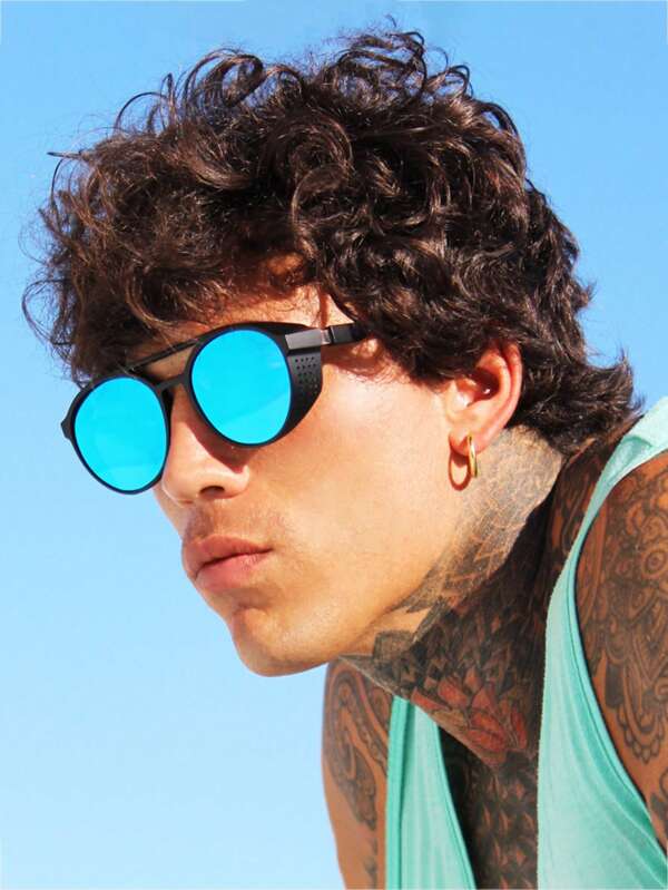 1Pc Men's Classic Punk Circle Pilot Glasses Metal Steampunk Round Shades Vented Color Tone Lens Goggle Aviator Sunnies For Party Festive Driving Club
