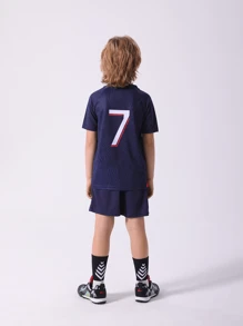 2pcs Tween Boy Numeric Print V-Neck Short Sleeve T-Shirt And Shorts Sportswear, Number 7 - Navy Blue - View 2