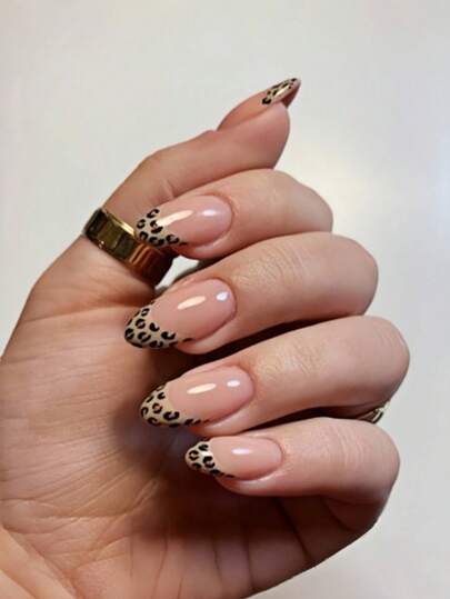 24 件短杏仁形假指甲、豹纹法式尖头短杏仁假指甲和甜美美甲、全覆盖可拆卸指甲套装，适合派对、婚礼和日常佩戴，按压式指甲，美甲用品，美甲