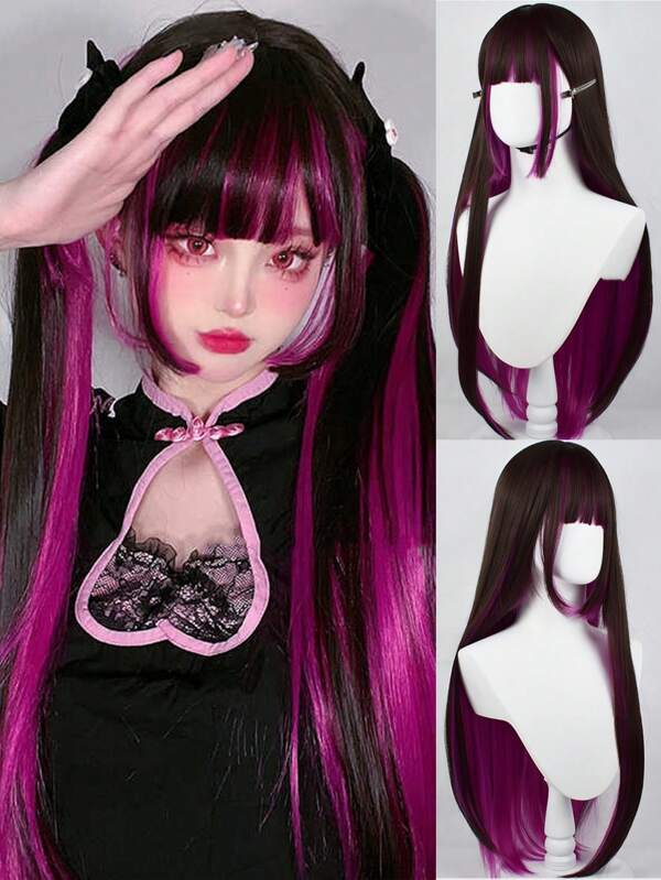 Synthetic Long Straight Wig With Bangs Natural Black Rose Red Hightlight Colorful Cosplay Silky Wig For Women Daily Party Natural Soft Synthetic Hair Heat Resistant Long Curly Silver Synthetic Wig With Fluffy Bangs White Water Wave Hair Wigs For Women Daily Use Cosplay Colored Hair Wig Halloween Christmas