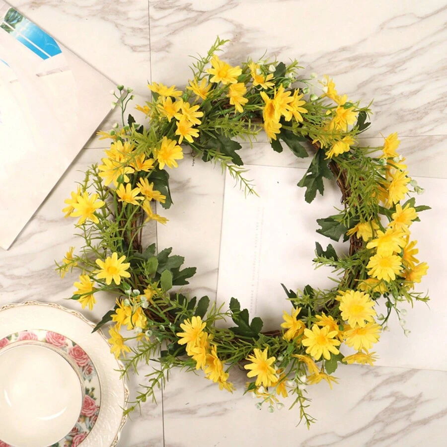 1 Pezzo Corona finta di fiori gialli di margherite, decorazione domestica, decorazione per festività, corona di crisantemi - Multicolore - Visualizzare 1