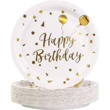 10pcs White And Gold Birthday Party Supplies Disposable Happy Birthday Tableware Set Golden Birthday Paper Plates Napkins Dinnerware For Birthday Party Table Decorations - Multicolor - View 12