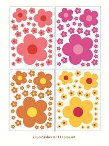 4 张（112 件）/套可爱彩色花朵自粘墙贴即时贴花适用于幼儿园儿童房墙壁装饰乙烯基贴花、卧室装饰、房间装饰品、万圣节装饰、秋季装饰、教室装饰、可移除贴纸、贴纸、墙贴花、乙烯基贴花用于家庭装饰、春季装饰品刷新您的家、拉玛装饰贴纸礼物生日毕业