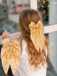 1 kẹp tóc nơ vàng cỡ lớn đính sequin, dây buộc tóc đuôi ngựa thời trang - Vàng - Xem 2