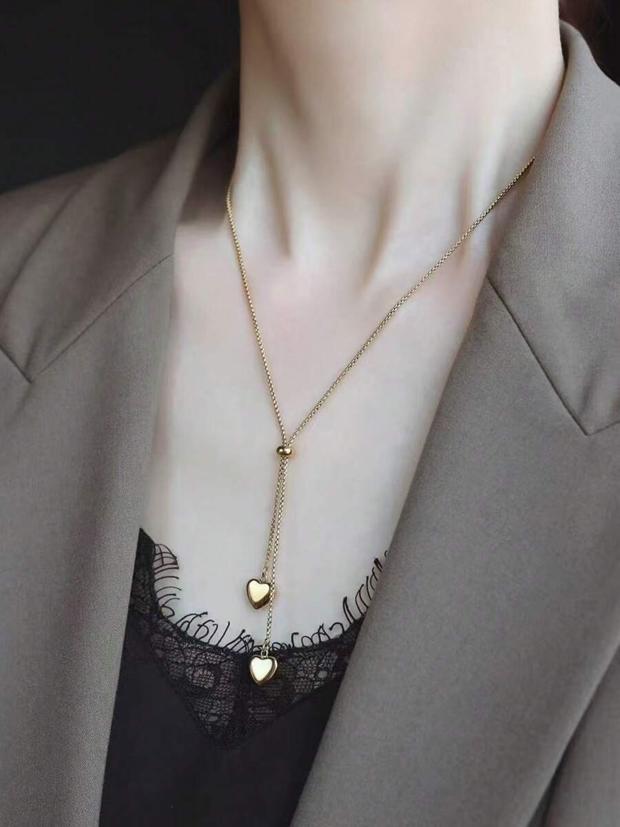 1 mặt dây chuyền hình trái tim bằng thép không gỉ mạ vàng 18K có thể điều chỉnh dành cho phụ nữ, thời trang cho ngày kỷ niệm, ngày hẹn hò, trang trí hàng ngày - Vàng - Xem 1