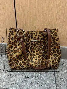 1pc Large Capacity Autumn/Winter New Plush Tote Bag, Fashionable Leopard Print Commuter Shoulder Bag, Big Capacity One Shoulder Underarm Handbag For Women - Multicolor - View 3