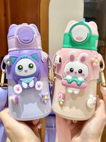 1 件/520ML（17.6 盎司）- 娃娃卡通水杯，可爱弹跳保温儿童水壶，带吸管杯，卡通动物肩瓶，一键防漏翻盖，四季保温儿童水瓶