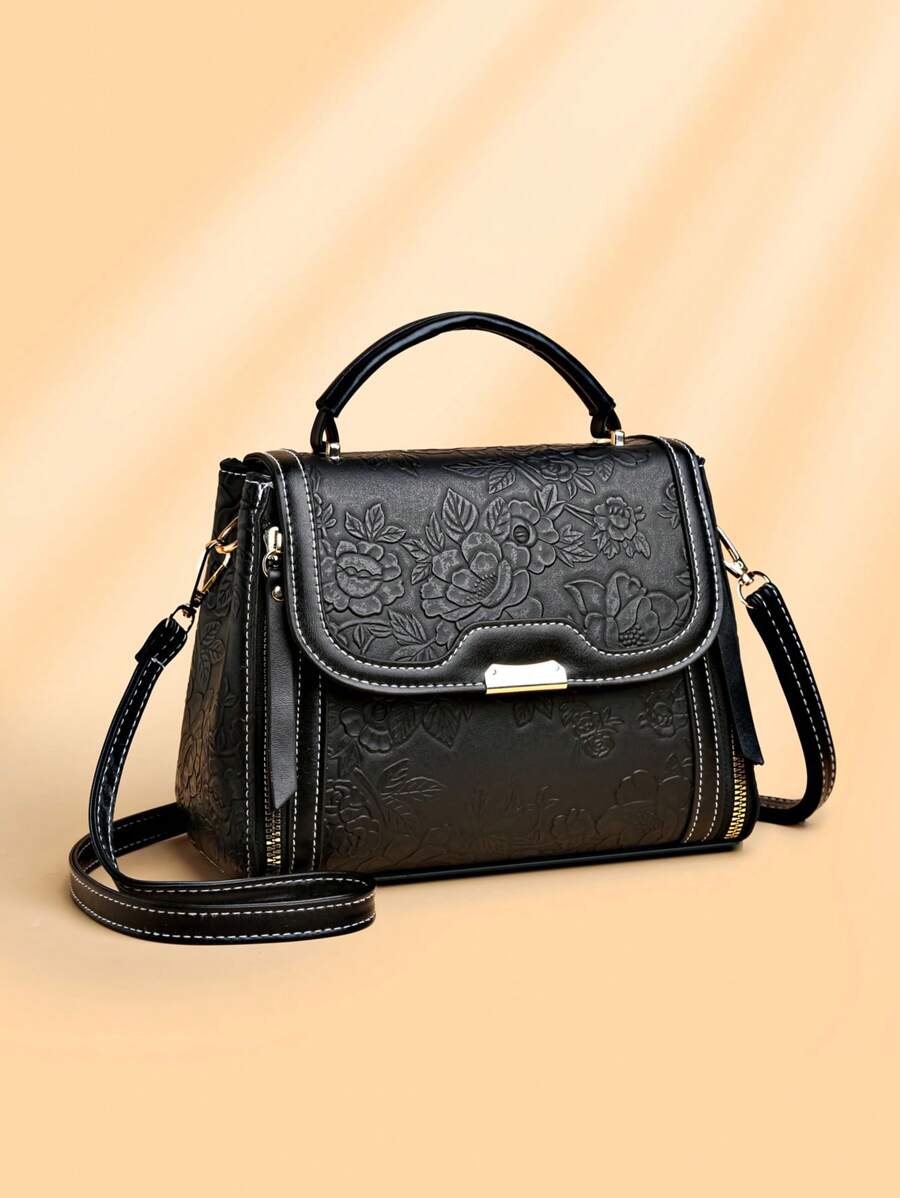Tas Tote Bermotif Bunga Kapasitas Besar, Tas Tangan Dua Lapis, Tas Chic dan Elegan untuk Wanita Paruh Baya - Hitam - View 1