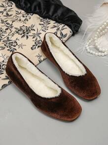 Women's Comfortable & Warm Brown Flat Ballet Flats, Elegant Style For Autumn/Winter Everyday Wear