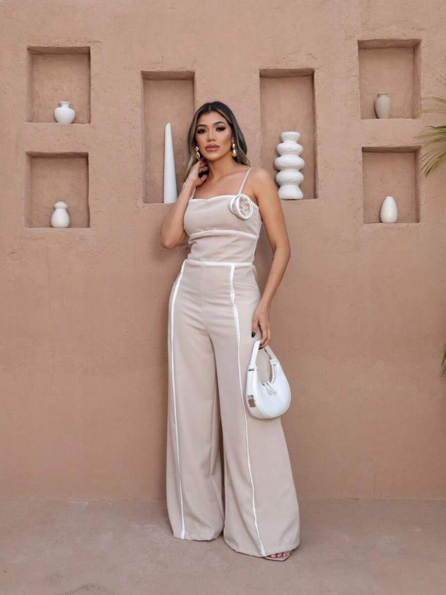 Elegant Women's Long Jumpsuit With Adjustable Thin Straps, Flower And Stripe Detail - Women's Fashion - Màu be - Xem 1