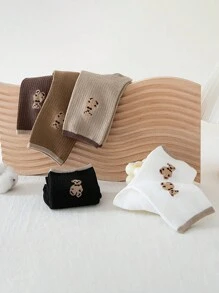 5 双女式熊图案中筒袜，休闲/校园风格短袜混色，春夏