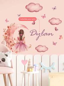 1 Piece 11.81 * 47.2 Inch Custom Text Wall Stickers, Moon Girl, Flowers, Butterflies, Stars, Cloud Cartoon Wall Stickers, Self-Adhesive Paintings For Bedroom, Living Room, Study, Classroom Decoration, PVC Removable, Valentine's Day, Valentine's Day Decor Adhesive Stylish,Adorable,Colorful Custom,Personalized,Unique Ideal Gifts For Her Friends,Son,Daughter,School Students,Workers,Kids School,Home,Office Birthday Graduation