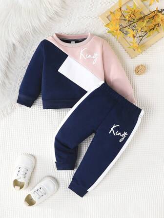 2 件套女婴/幼儿字母印花拼接运动衫和字母印花拼接裤休闲运动装，秋季