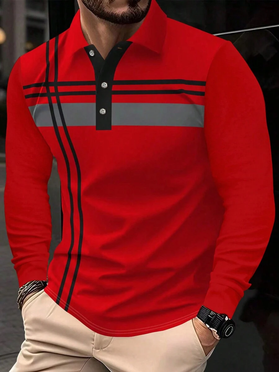 1 pièce Chemise polo à manches longues avec col boutonné, imprimé unicolore, style décontracté, convient pour le printemps et l'automne - Rouge - Voir 1