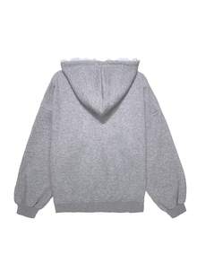 2024 Autumn Grey Lace Pearl Hooded Sweatshirt Jacket For Women, Loose Fit Flattering Design With Zipper