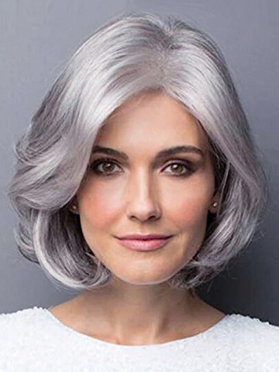 10-Inch Silver Gray Short Curly Synthetic Fiber Wig With Bangs For Middle-Aged & Elderly Women, Fluffy & Fashionable, Suitable For Everyday Wear