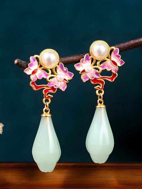 1 Pair 24K Gold Plated Chinese Style Flower&Butterfly Design Enamel Earrings, Suitable For Daily, Date, Party, Commuting, Wedding, Mother's Day, Teacher's Day, High-End Vintage Bohemian Fashion Jewelry, Elegant & Unique