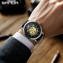 Đồng hồ nam Sanda 2024 New 7010 Belt hoàn toàn tự động cơ học xu hướng thời trang có tỷ lệ rỗng - Vàng - Xem 8