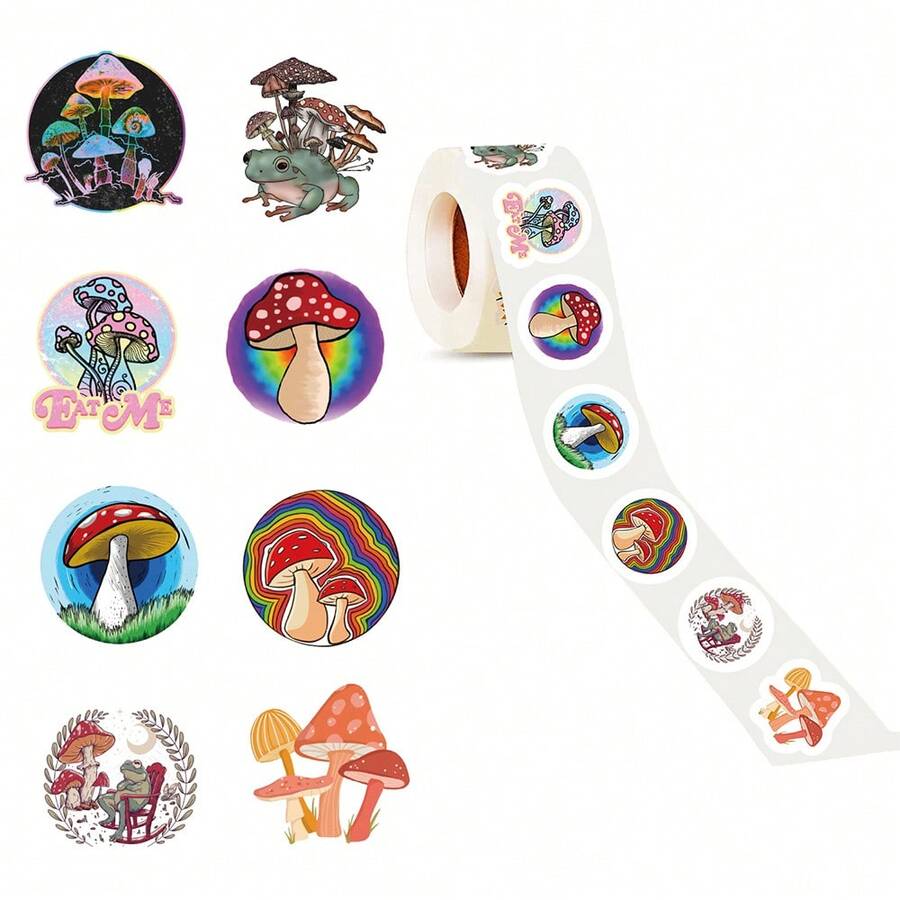 500 件各种彩色蘑菇贴纸卷，可爱卡通美学涂鸦 1 英寸，带 10 个图案主题贴纸卷，适用于水瓶、笔记本电脑、手机、滑板、吉他、行李箱、剪贴簿、头盔、乐器、青少年和成人派对装饰和礼物 - 玫瑰紅 - 查看 1
