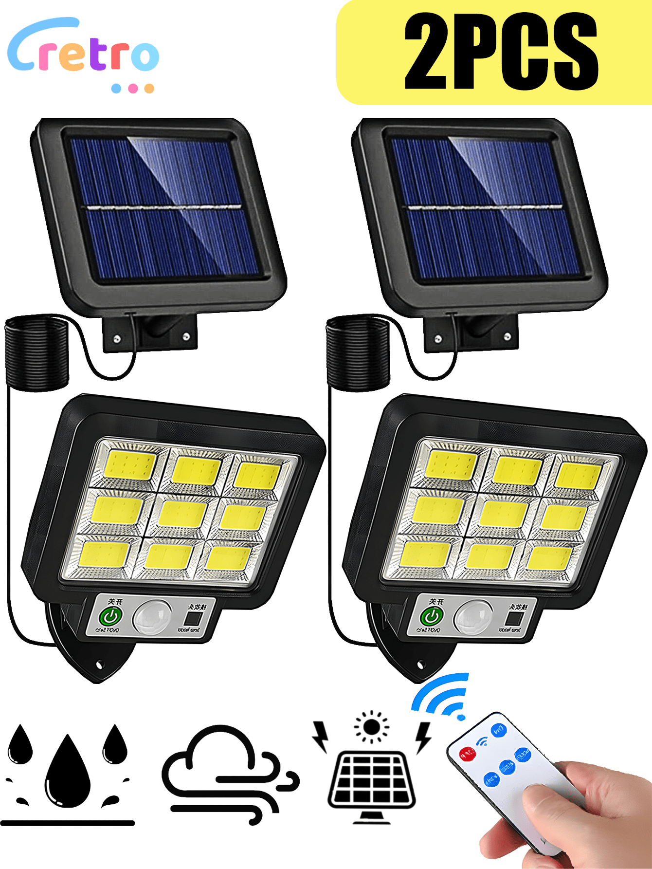 CcRetro 2Pack Lámpara Solar Exterior,Luces Solares Jardin Separable para Interior y Extrior, Reflector LED Exterior Solar,Focos Solares con Sensor,Solar Luz de Pared,IP65